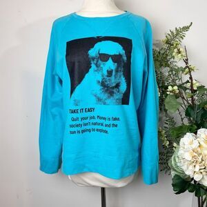 Graphic Sweatshirt Take It Easy Dog Print Turquoise Blue Cotton Size S